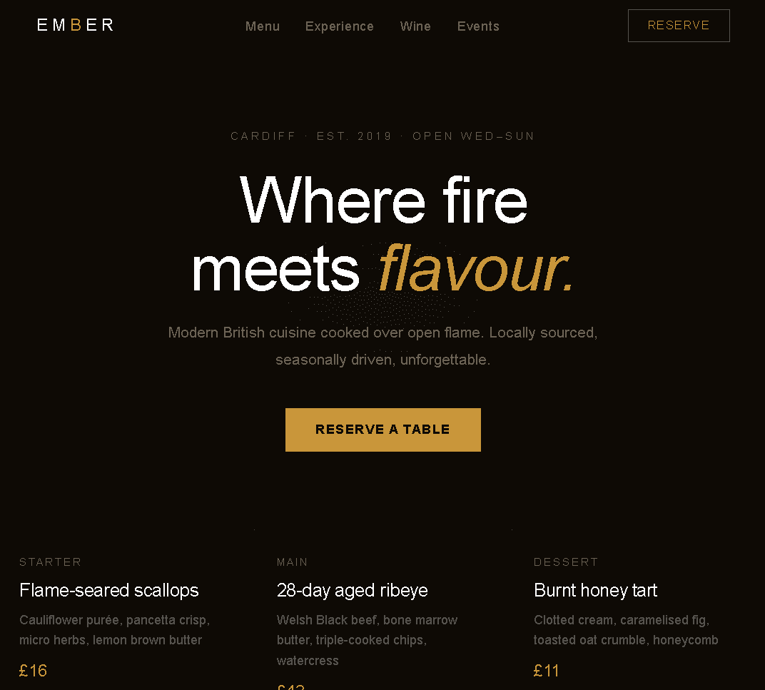 Ember Restaurant website screenshot